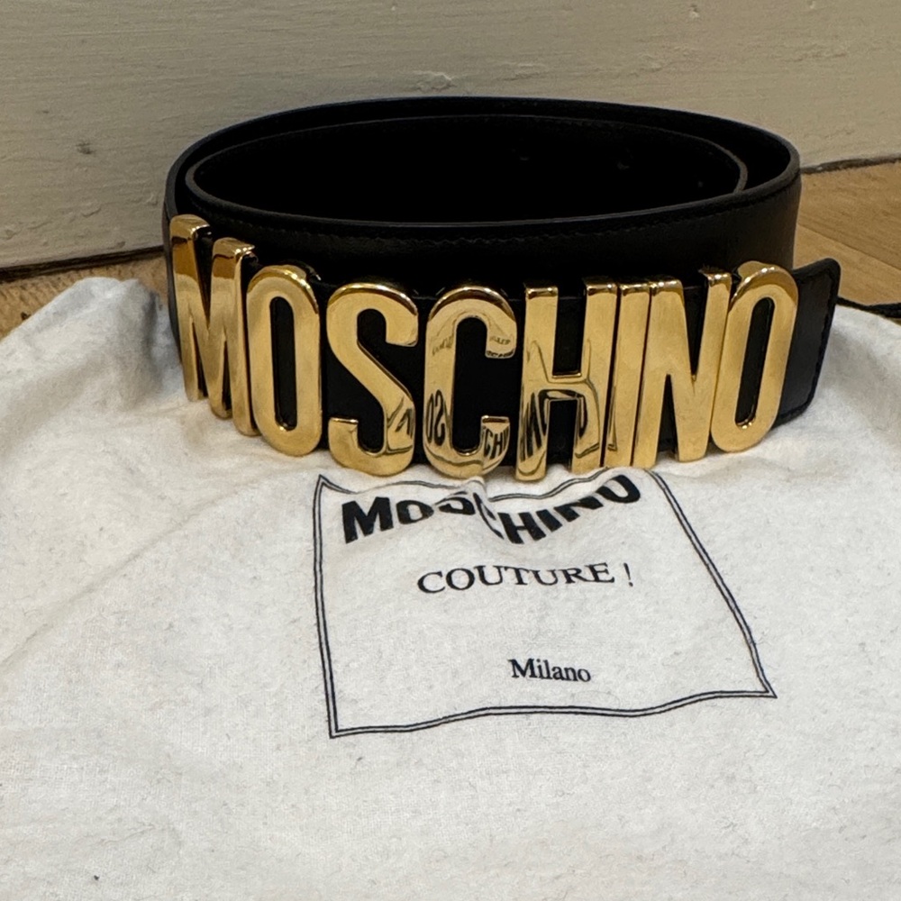 Moschino Black Belt with Large Gold Logo Letters
